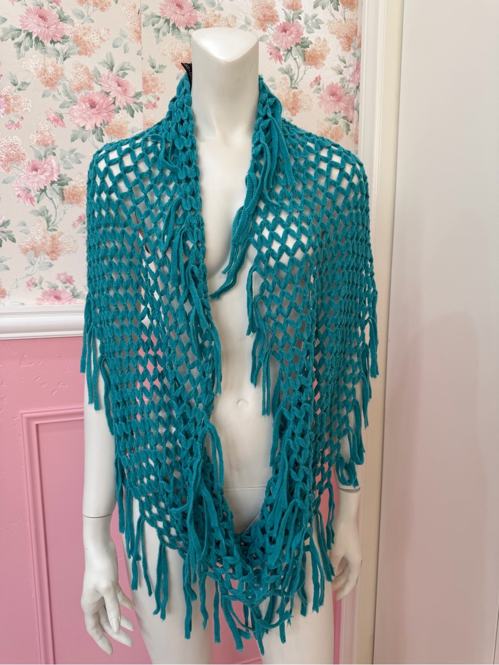Teal Open-Knit Fringe Scarf